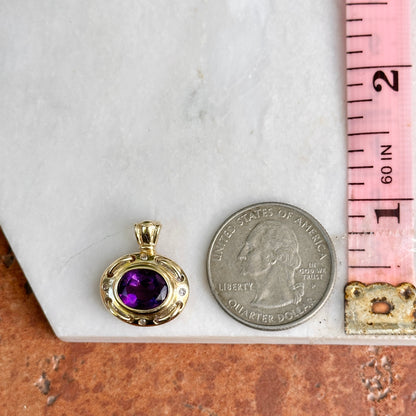 Estate 14KT Yellow Gold Oval Amethyst + Gypsy-Set Diamond Pendant Enhancer
