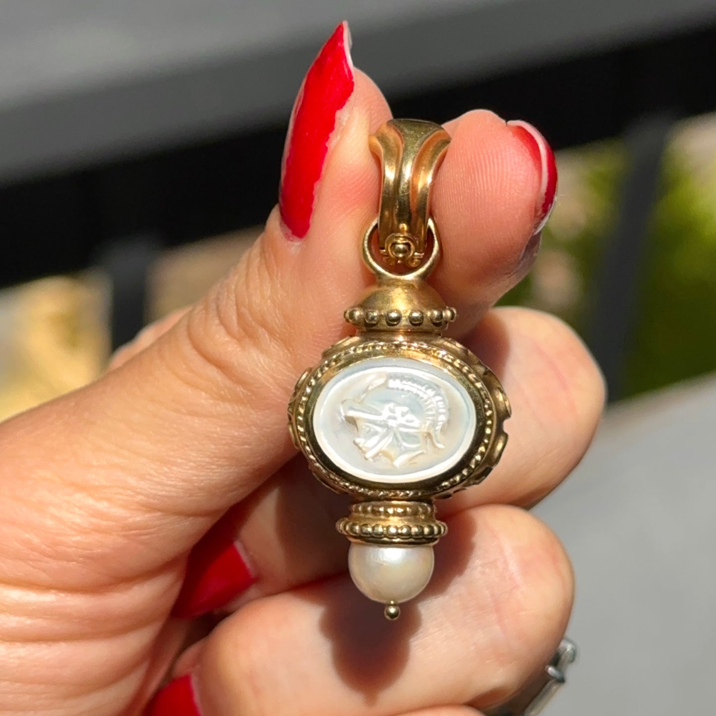 Estate 18KT Yellow Gold Carved Mother of Pearl Intaglio Pendant Enhancer