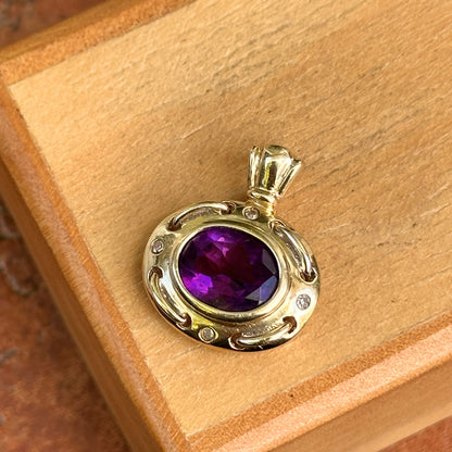 Estate 14KT Yellow Gold Oval Amethyst + Gypsy-Set Diamond Pendant Enhancer