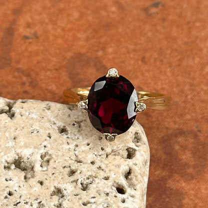 Estate 14KT Yellow Gold Oval Faceted Raspberry Garnet + Diamond Ring