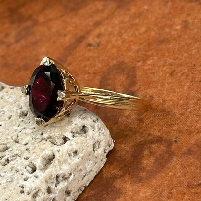 Estate 14KT Yellow Gold Oval Faceted Raspberry Garnet + Diamond Ring