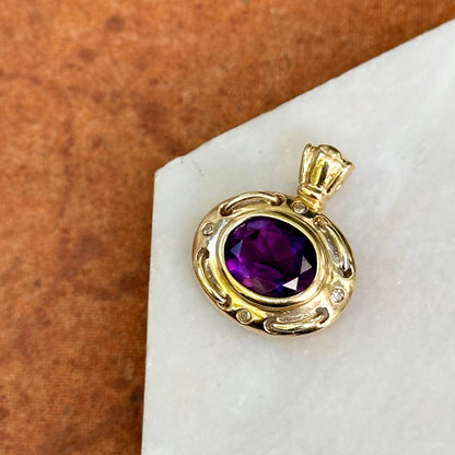 Estate 14KT Yellow Gold Oval Amethyst + Gypsy-Set Diamond Pendant Enhancer