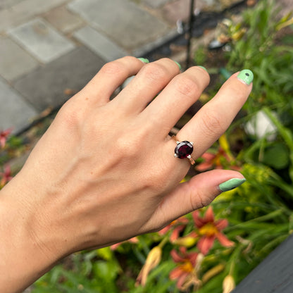 Estate 14KT Yellow Gold Oval Faceted Raspberry Garnet + Diamond Ring