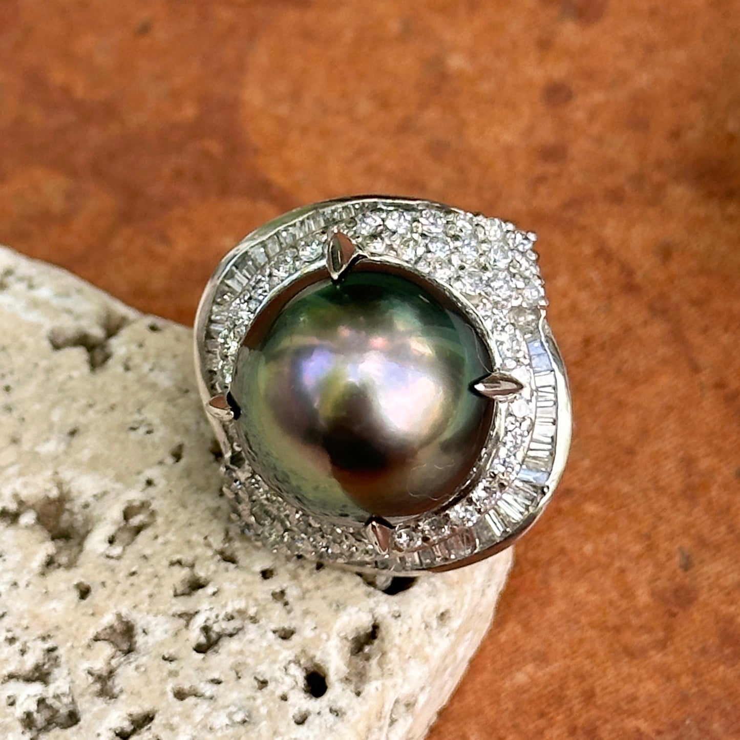 Estate Platinum Gray Tahitian Pearl + Diamond Cluster Ring