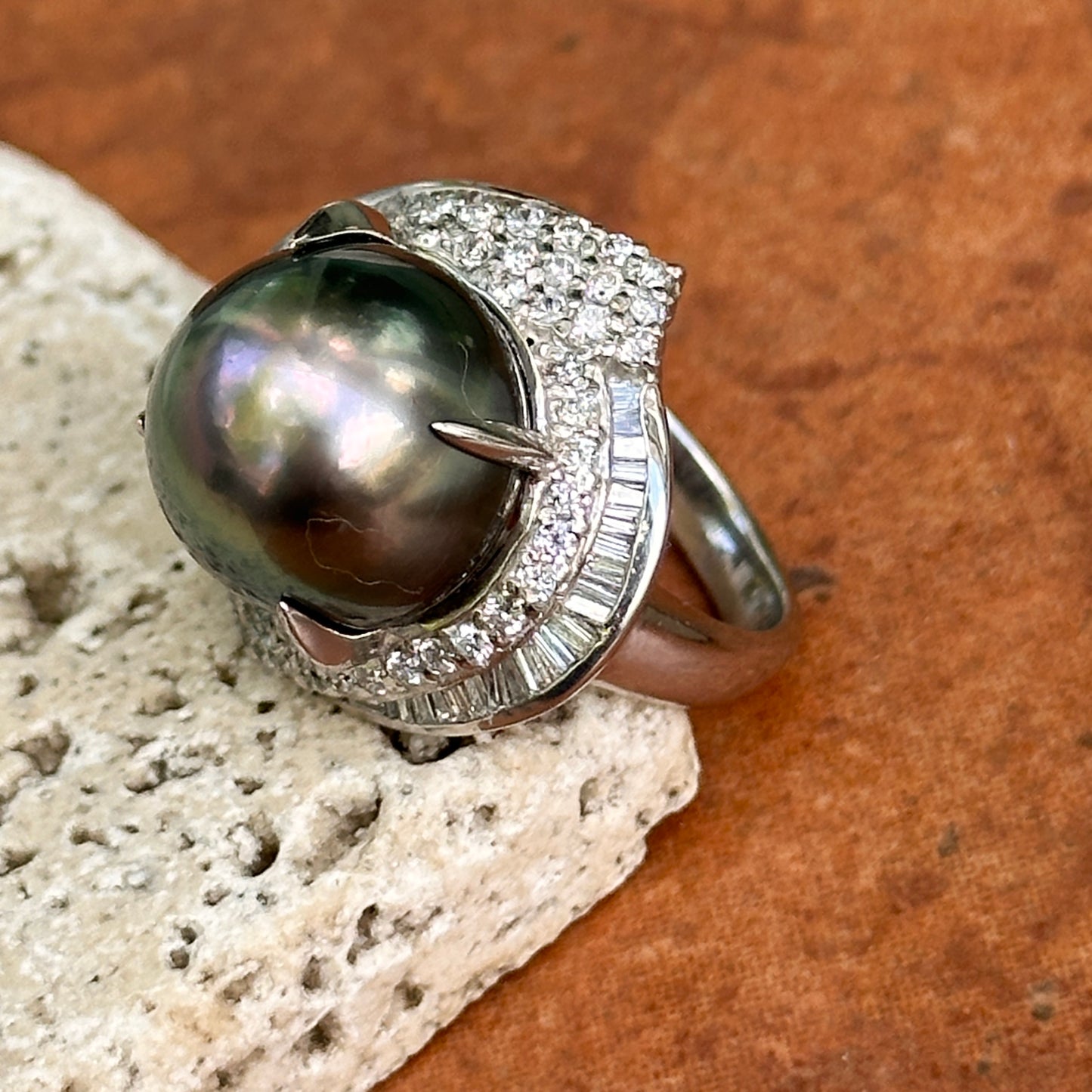 Estate Platinum Gray Tahitian Pearl + Diamond Cluster Ring