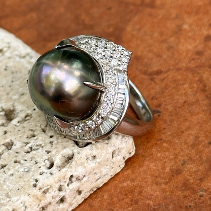 Estate Platinum Gray Tahitian Pearl + Diamond Cluster Ring