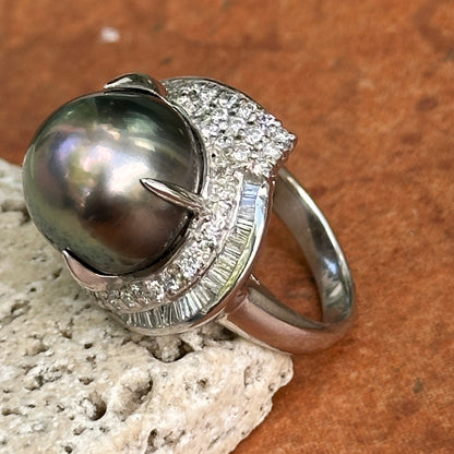 Estate Platinum Gray Tahitian Pearl + Diamond Cluster Ring