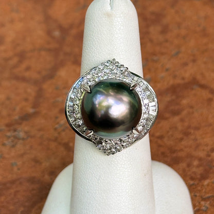 Estate Platinum Gray Tahitian Pearl + Diamond Cluster Ring