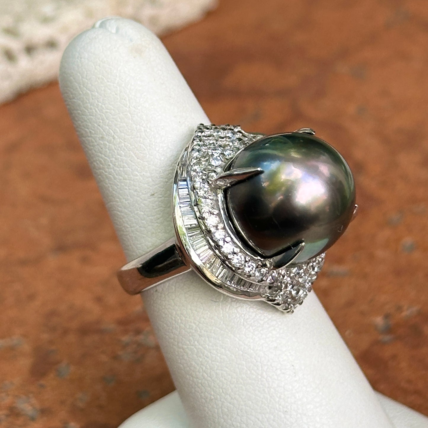 Estate Platinum Gray Tahitian Pearl + Diamond Cluster Ring