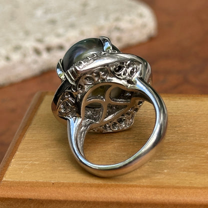 Estate Platinum Gray Tahitian Pearl + Diamond Cluster Ring