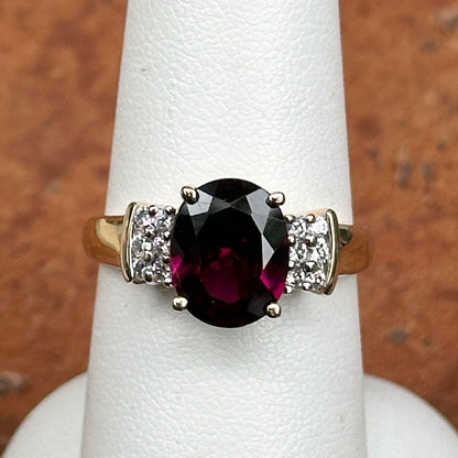 Estate 14KT Yellow Gold Oval Deep Raspberry Garnet + Diamond Ring