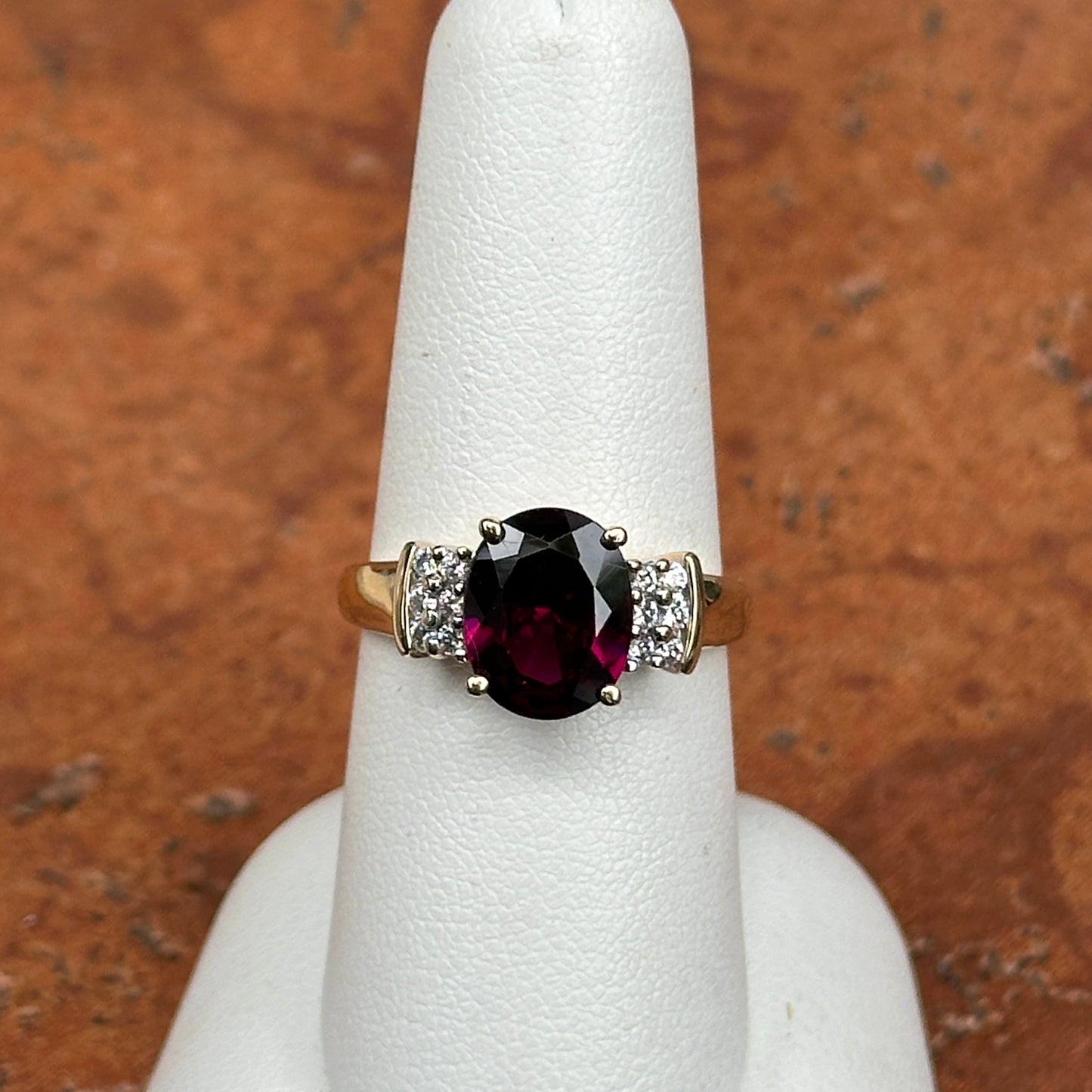 Estate 14KT Yellow Gold Oval Deep Raspberry Garnet + Diamond Ring