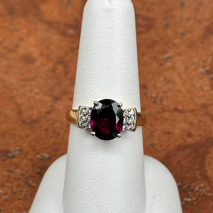Estate 14KT Yellow Gold Oval Deep Raspberry Garnet + Diamond Ring
