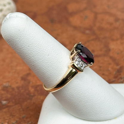 Estate 14KT Yellow Gold Oval Deep Raspberry Garnet + Diamond Ring