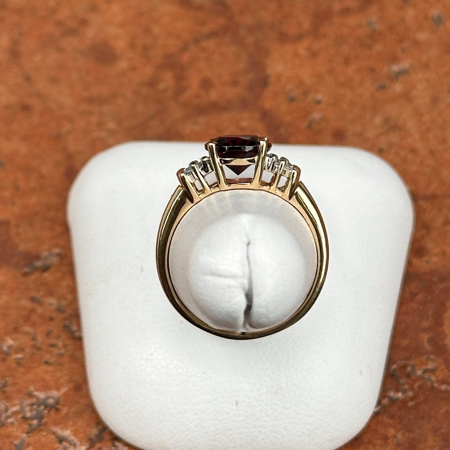 Estate 14KT Yellow Gold Oval Deep Raspberry Garnet + Diamond Ring