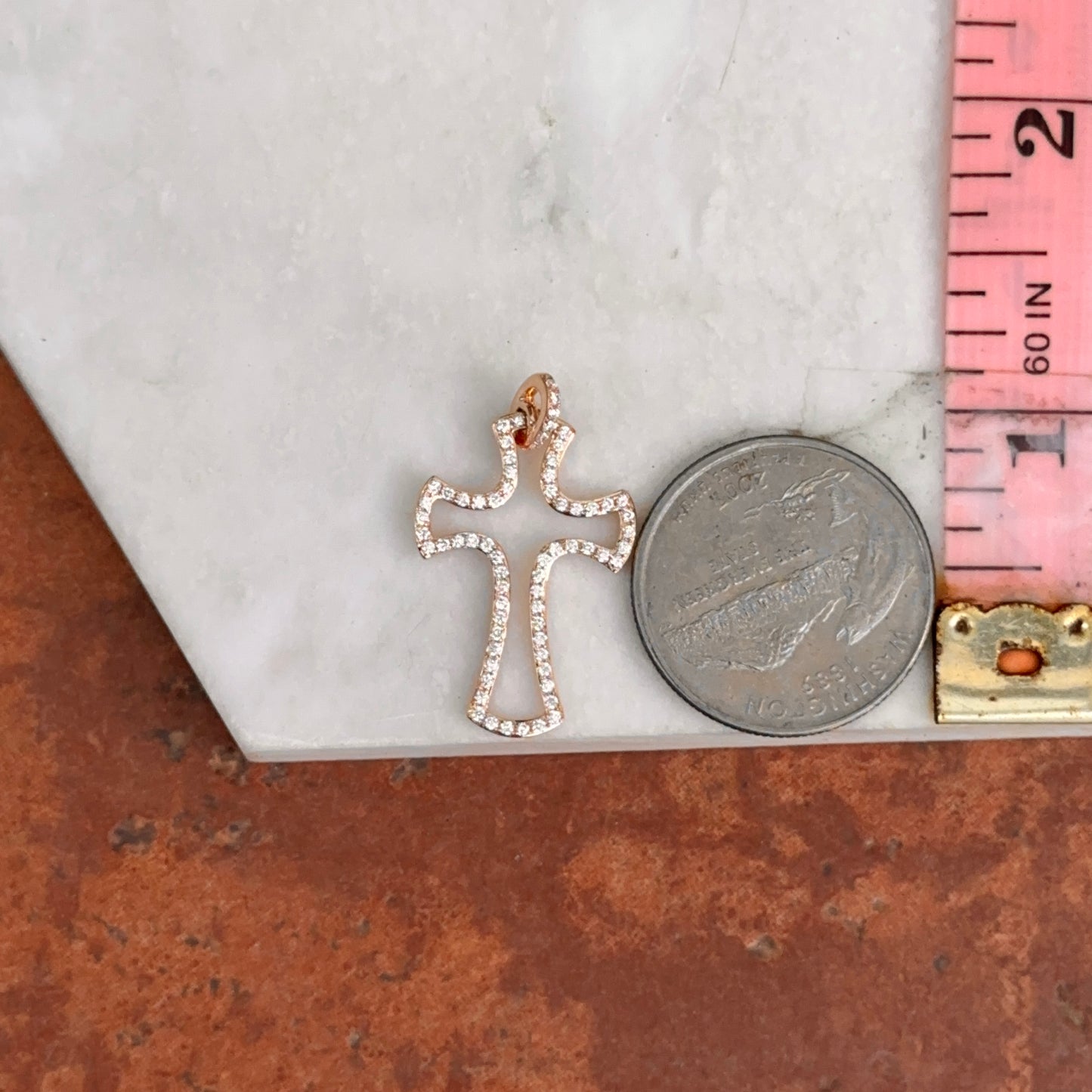 Estate 14KT Rose Gold Pave Diamond Cross Pendant Charm