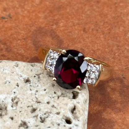 Estate 14KT Yellow Gold Oval Deep Raspberry Garnet + Diamond Ring