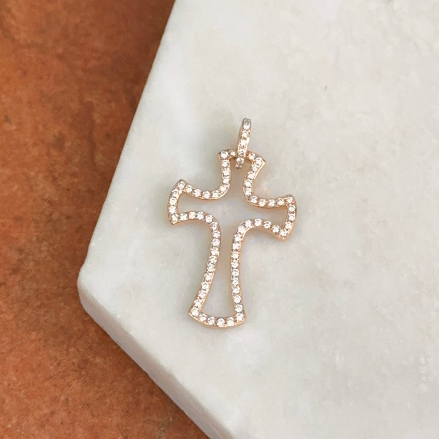 Estate 14KT Rose Gold Pave Diamond Cross Pendant Charm