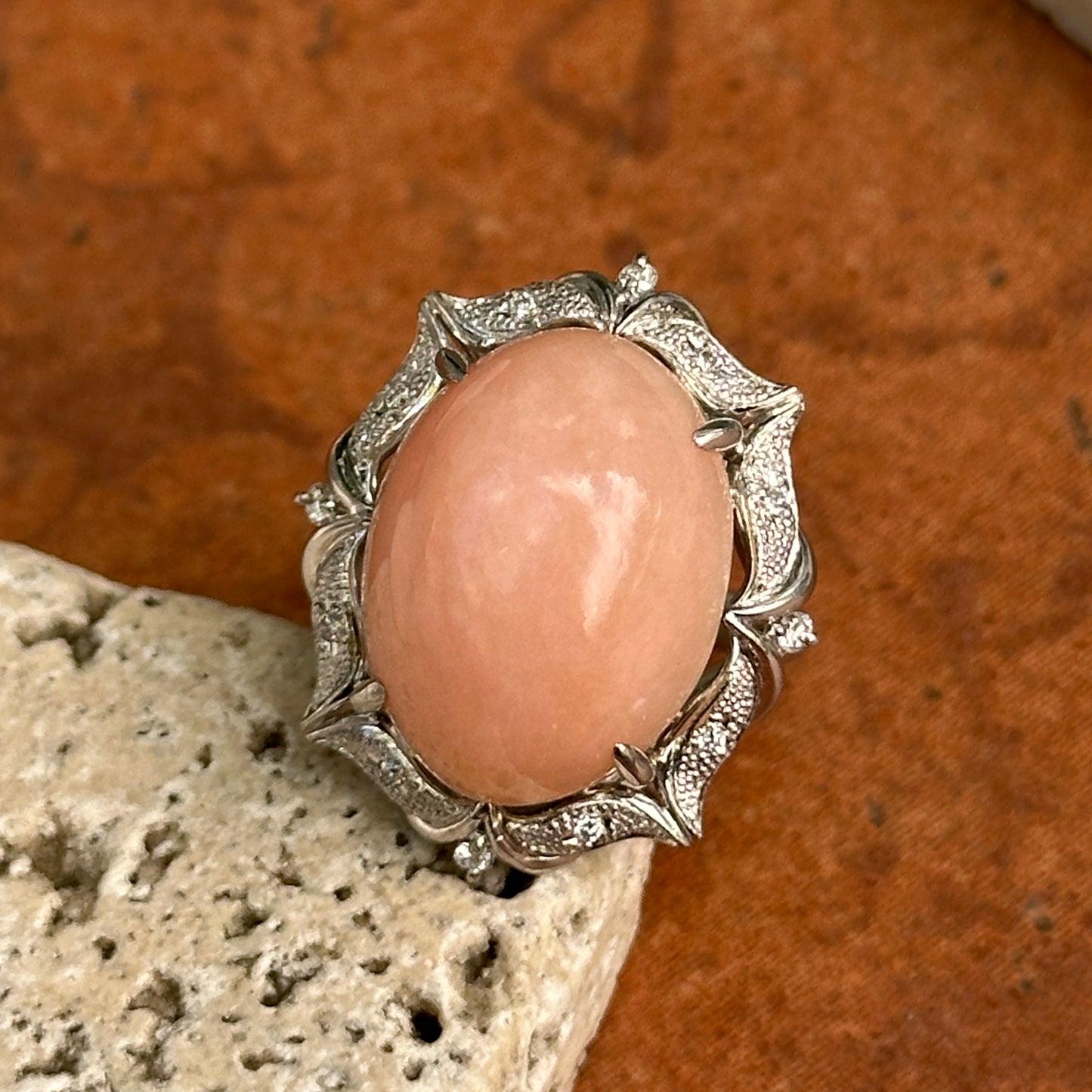 Estate Platinum Peruvian Peach Opal + Diamond Halo Ring