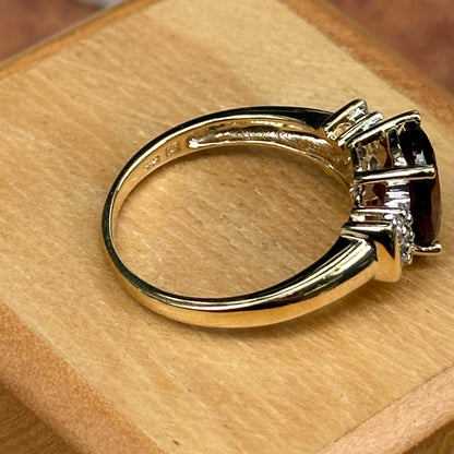 Estate 14KT Yellow Gold Oval Deep Raspberry Garnet + Diamond Ring