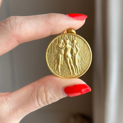 14KT Yellow Gold The Three Graces Matte Gold Medal Pendant 30mm - LSJ