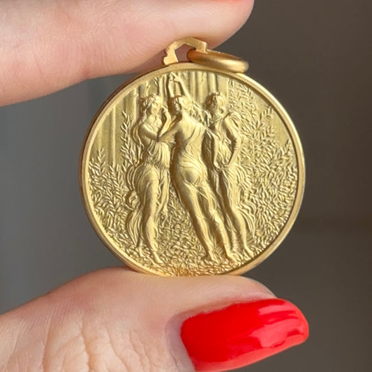 14KT Yellow Gold The Three Graces Matte Gold Medal Pendant 30mm