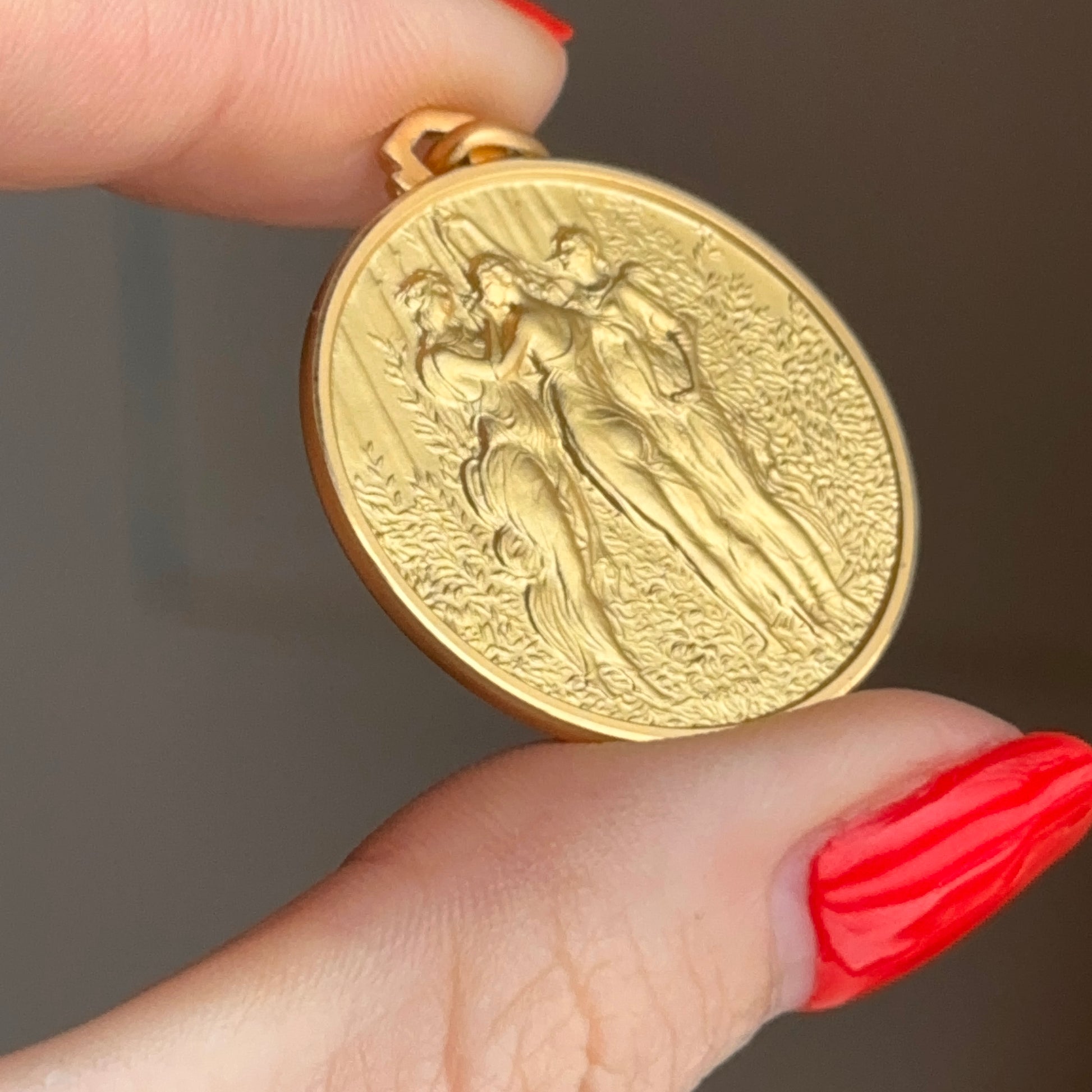 18KT Yellow Gold The Three Graces Matte Medal Pendant 30mm - LSJ