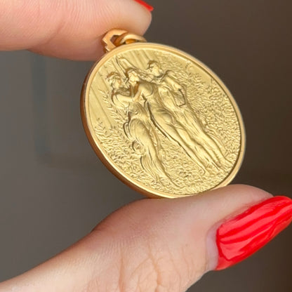 18KT Yellow Gold The Three Graces Matte Medal Pendant 30mm - LSJ