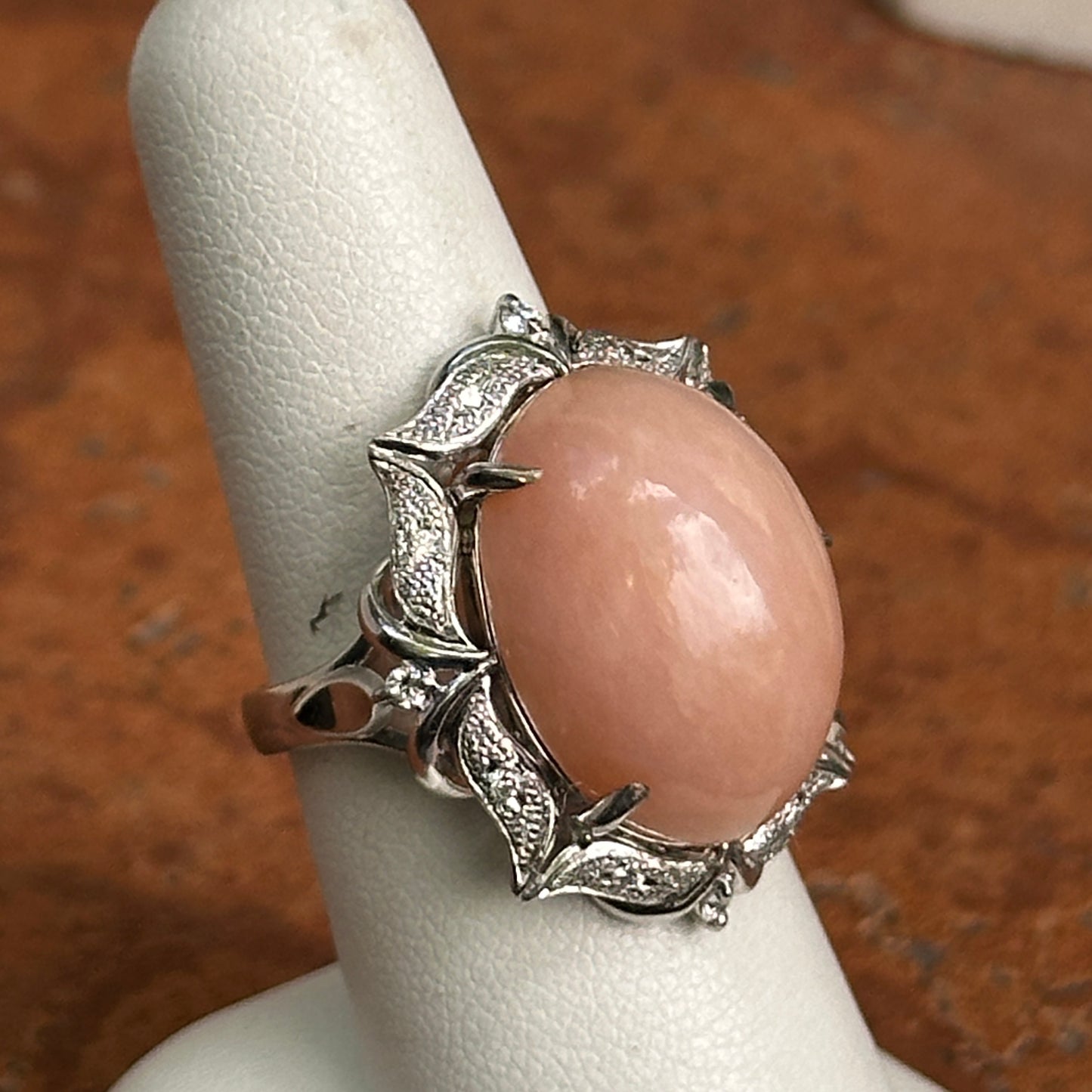 Estate Platinum Peruvian Peach Opal + Diamond Halo Ring