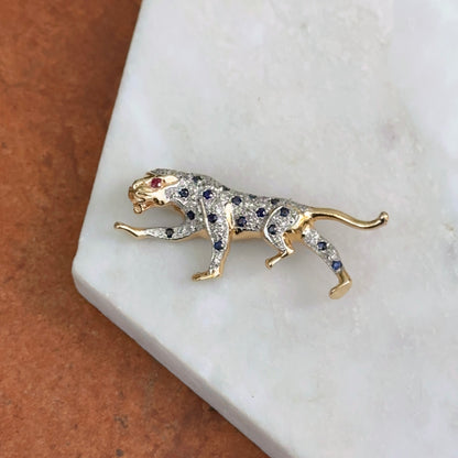 Estate 14KT Yellow Gold Two Tone + Blue Sapphire Ruby and Diamond Panther Pin Brooch