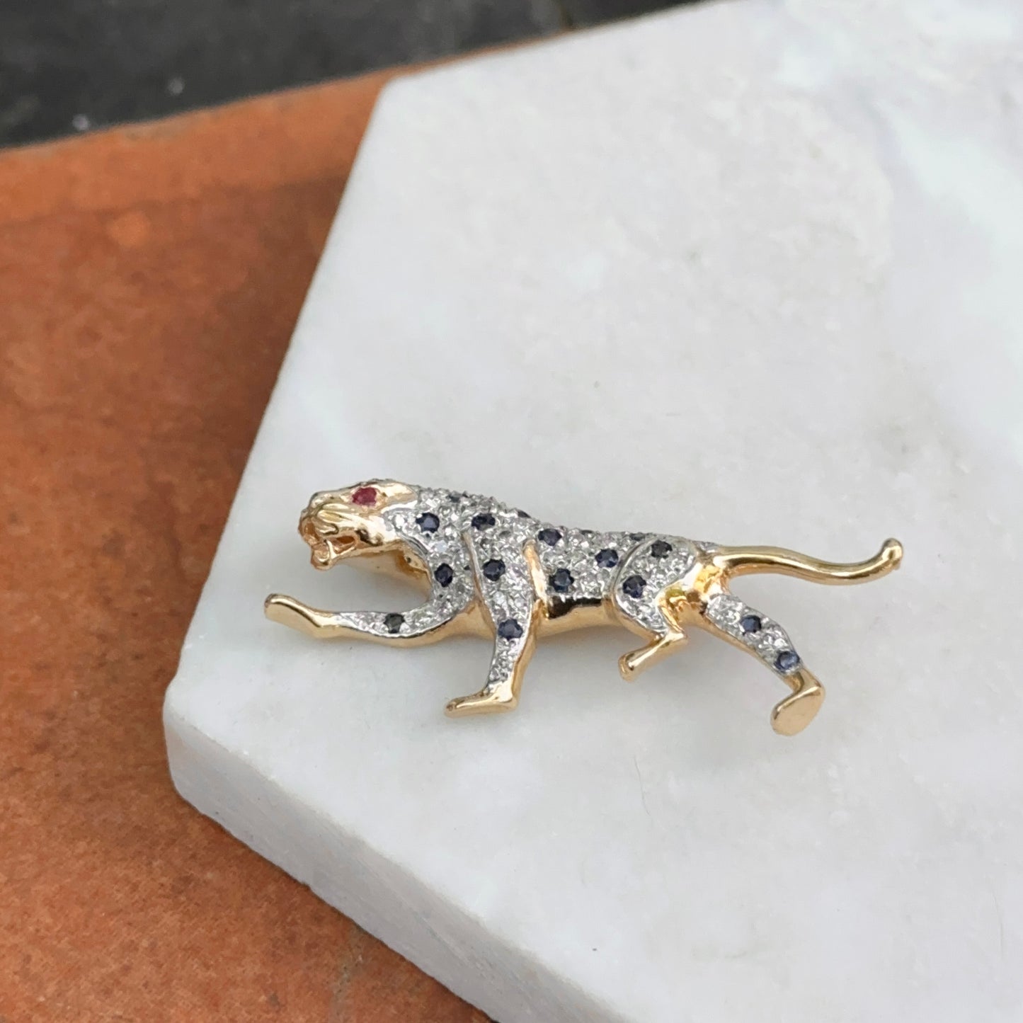 Estate 14KT Yellow Gold Two Tone + Blue Sapphire Ruby and Diamond Panther Pin Brooch