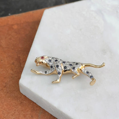 Estate 14KT Yellow Gold Two Tone + Blue Sapphire Ruby and Diamond Panther Pin Brooch