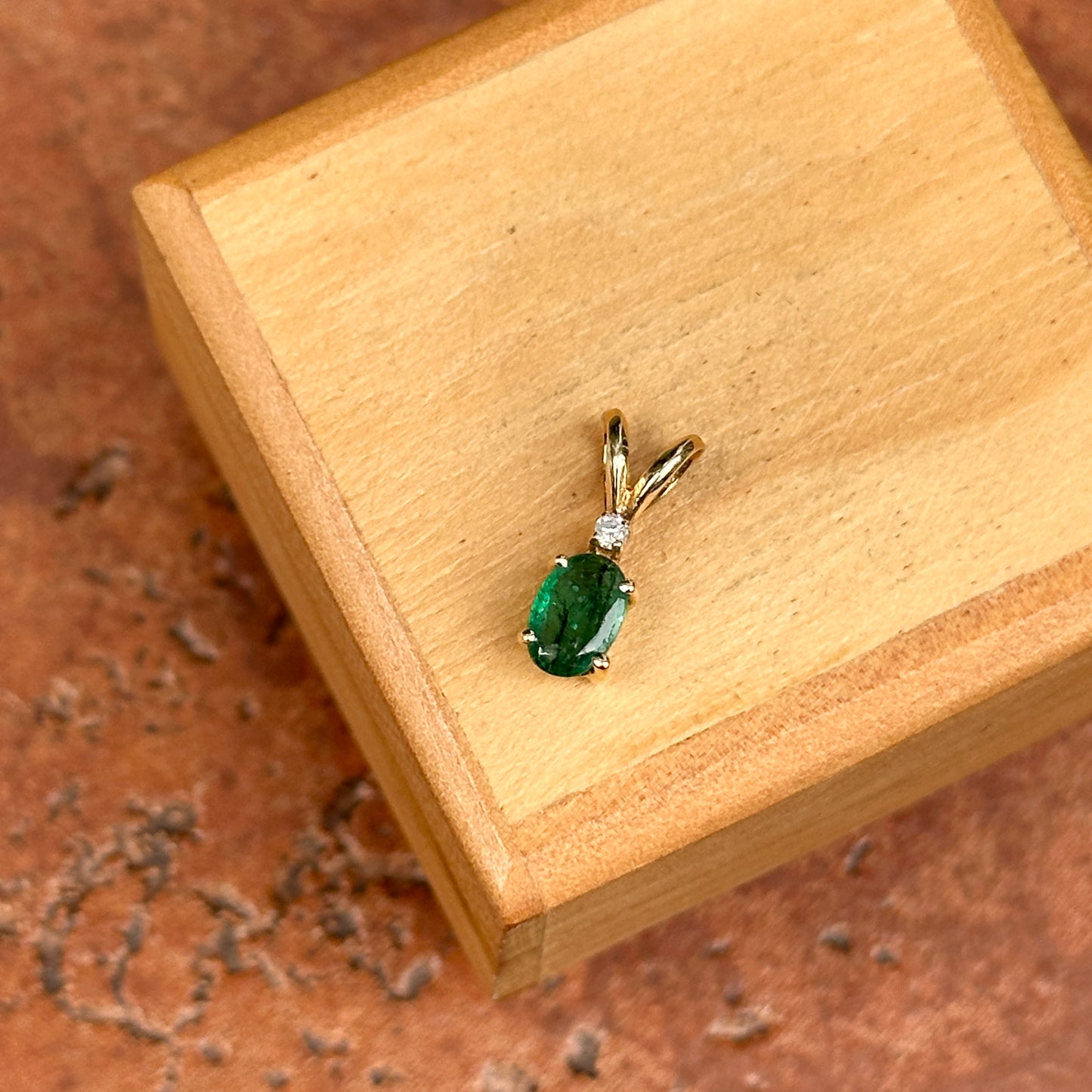 Estate 14KT Yellow Gold Oval Faceted Emerald + Diamond Pendant