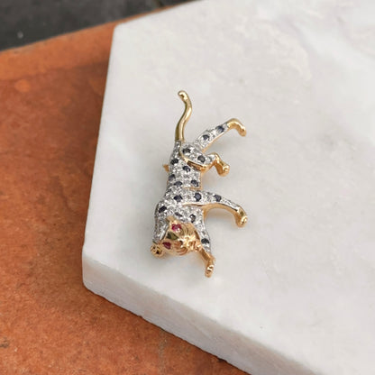 Estate 14KT Yellow Gold Two Tone + Blue Sapphire Ruby and Diamond Panther Pin Brooch