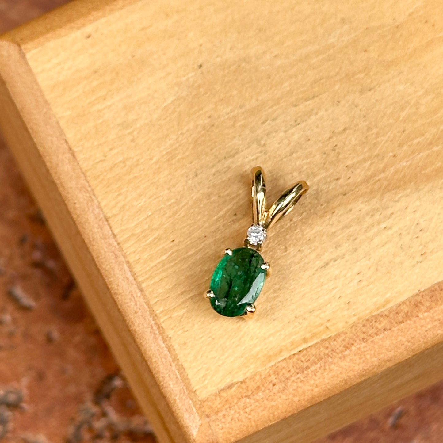 Estate 14KT Yellow Gold Oval Faceted Emerald + Diamond Pendant