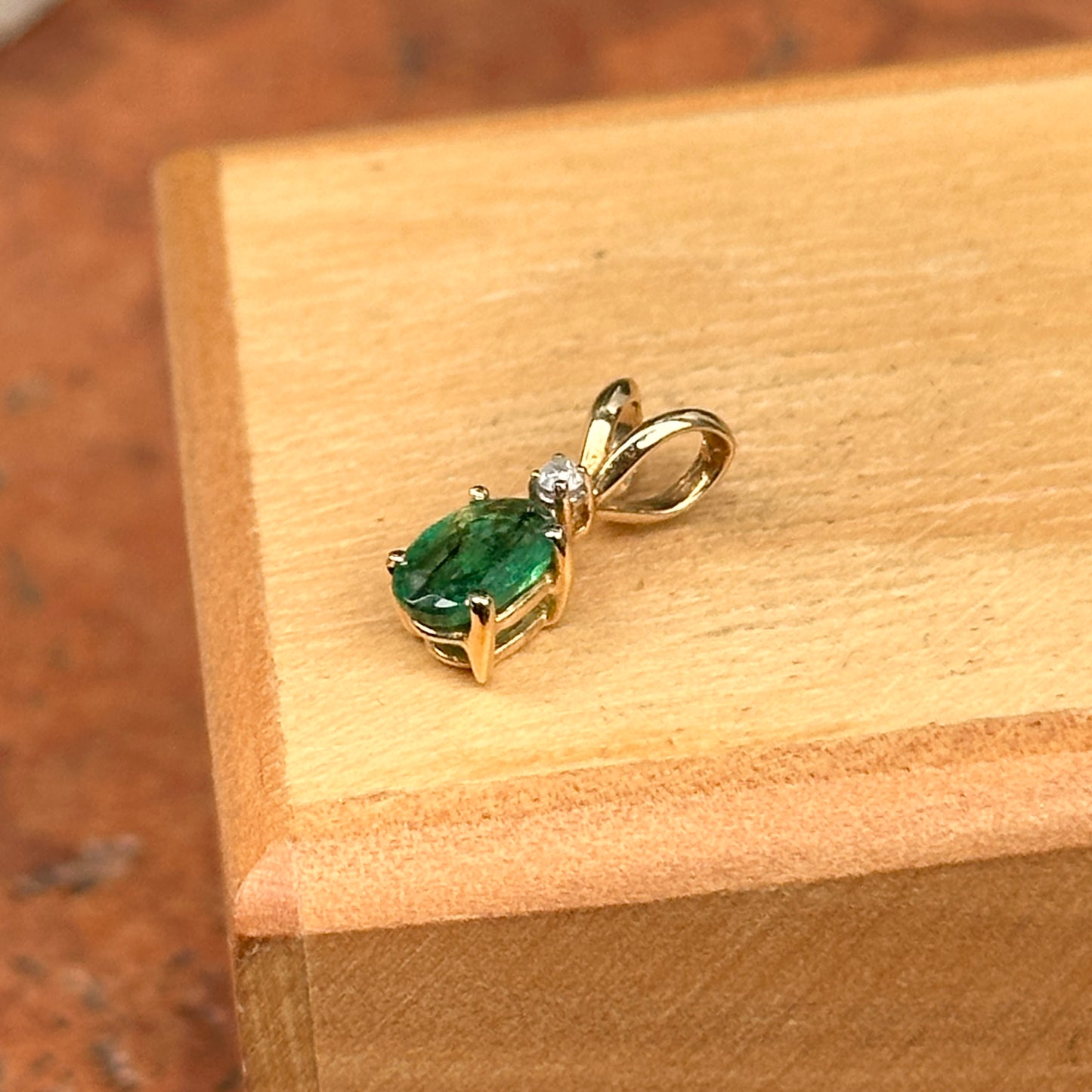 Estate 14KT Yellow Gold Oval Faceted Emerald + Diamond Pendant