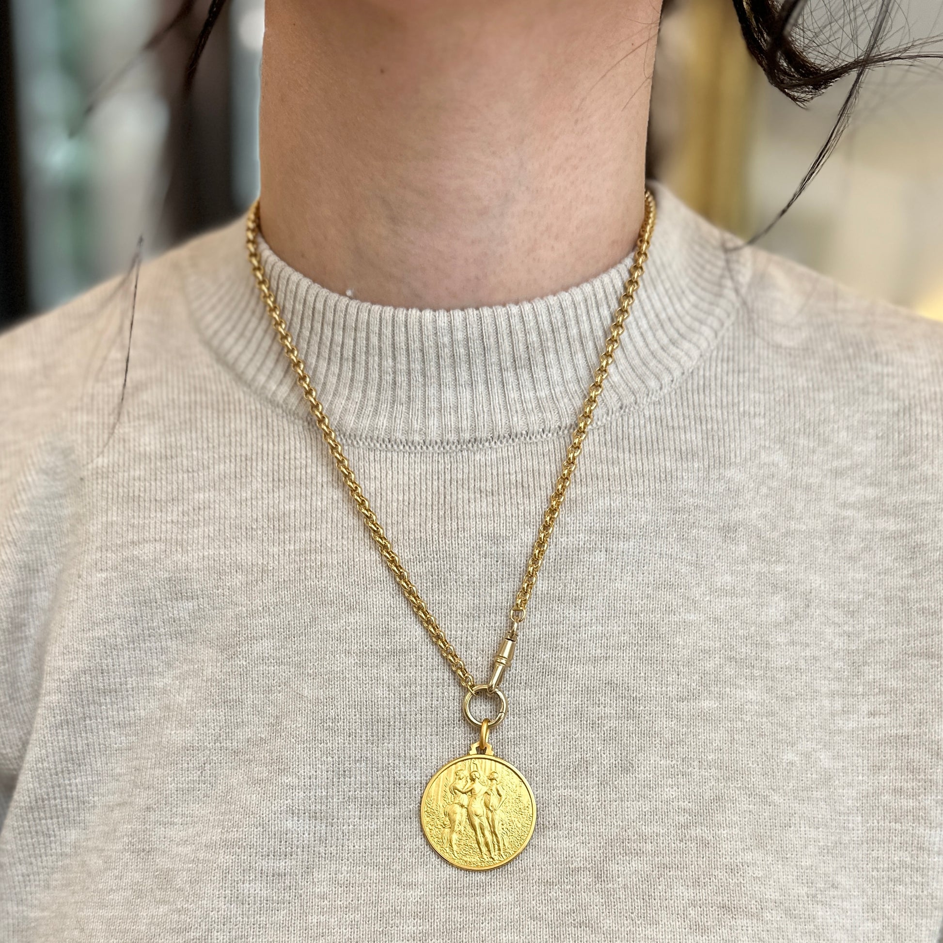 14KT Yellow Gold The Three Graces Matte Gold Medal Pendant 30mm - LSJ