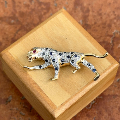 Estate 14KT Yellow Gold Two Tone + Blue Sapphire Ruby and Diamond Panther Pin Brooch