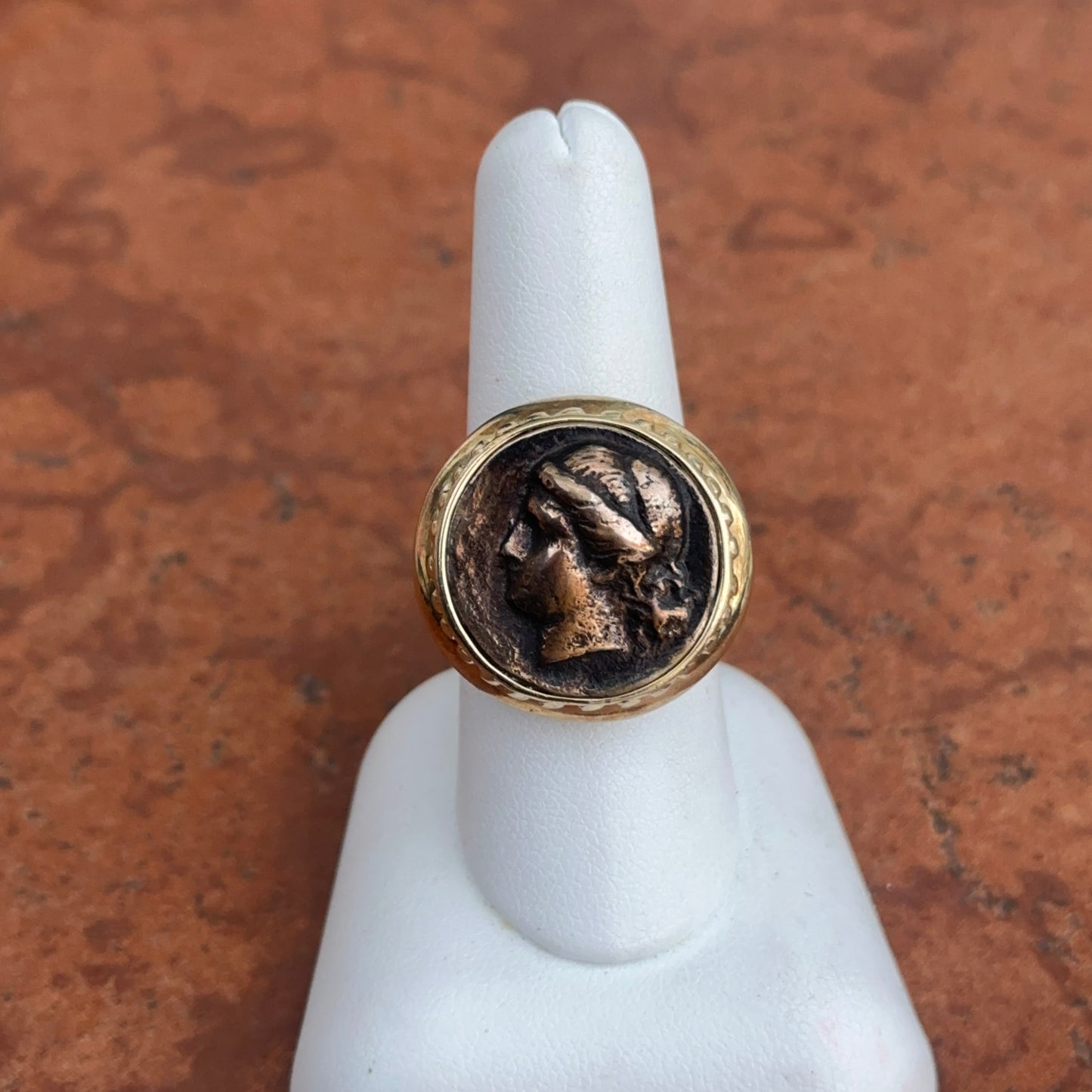 Estate 14KT Yellow Gold Plated Bezel Replica Bronze Sterling Silver Coin Ring