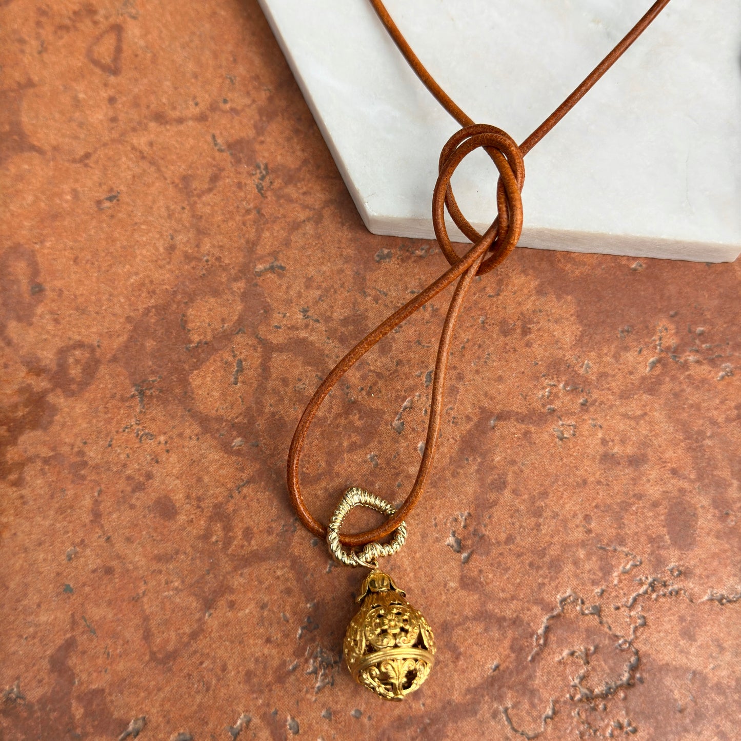 14KT Yellow Gold 2mm Natural Leather Cord Necklace 32" Knotted