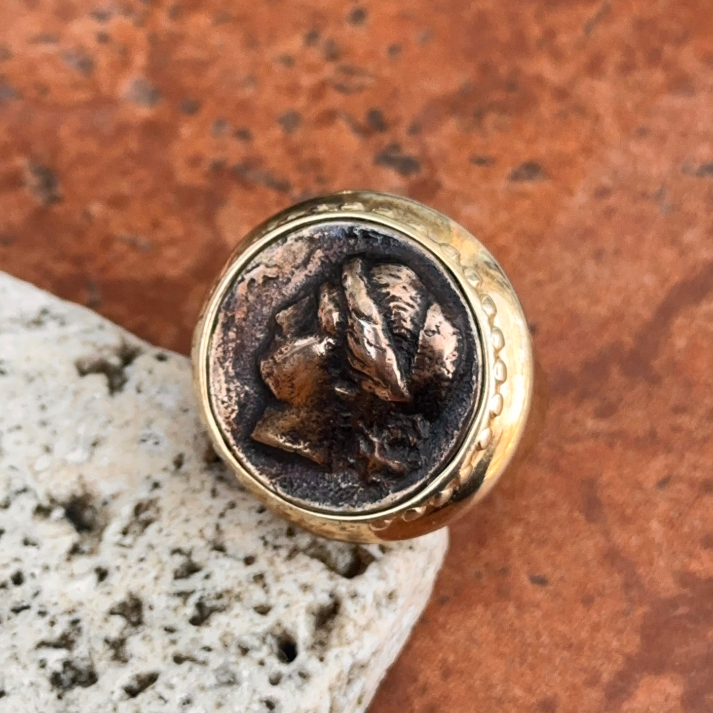 Estate 14KT Yellow Gold Plated Bezel Replica Bronze Sterling Silver Coin Ring