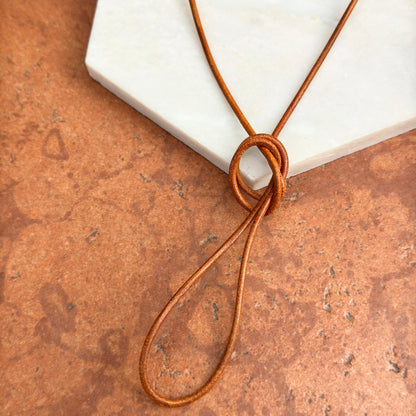 14KT Yellow Gold 2mm Natural Leather Cord Necklace 32" Knotted