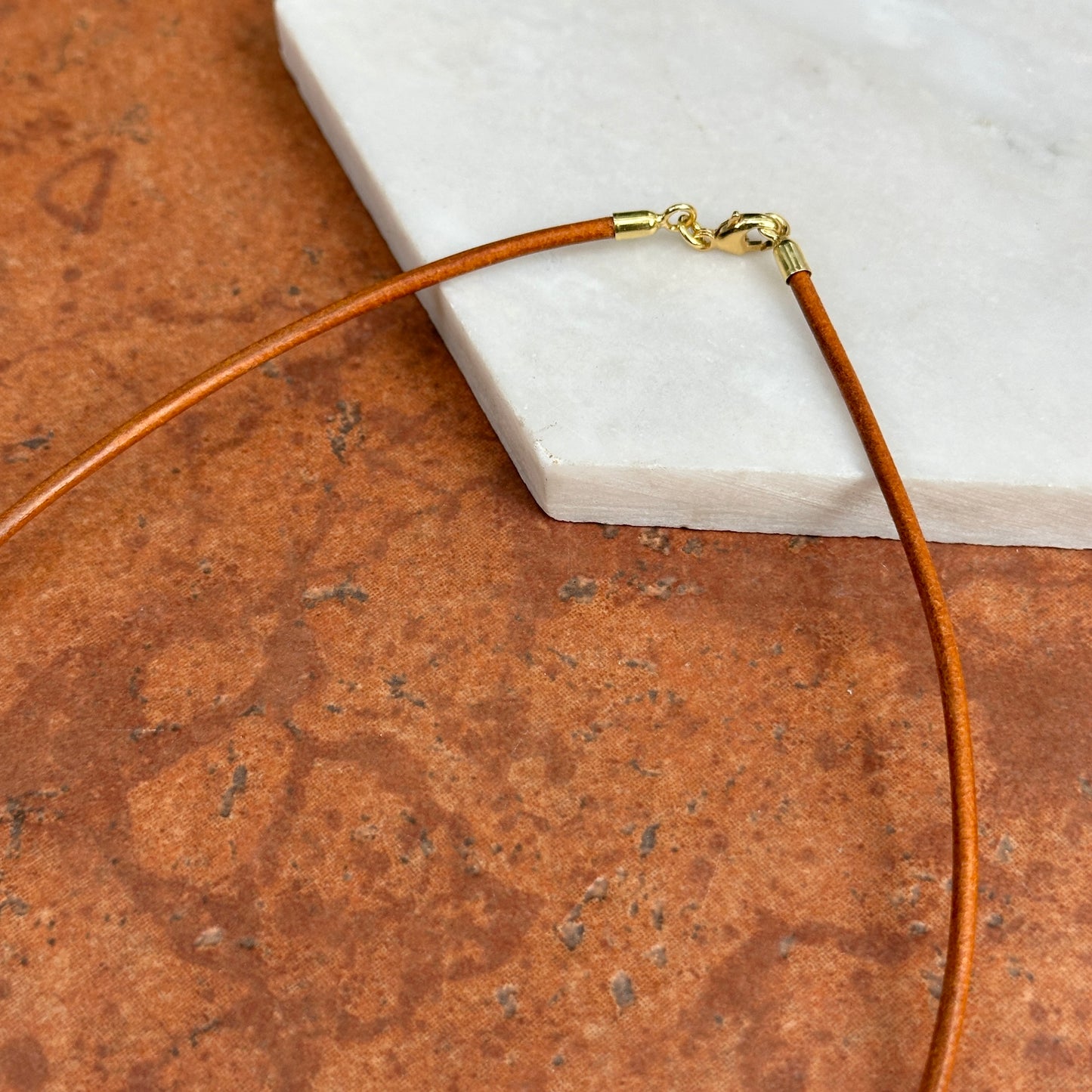 14KT Yellow Gold 2mm Natural Leather Cord Necklace 32" Knotted