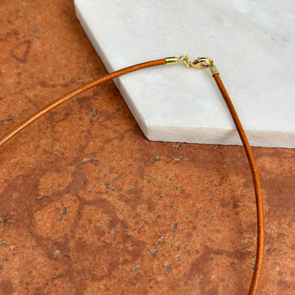 14KT Yellow Gold 2mm Natural Leather Cord Necklace 32" Knotted