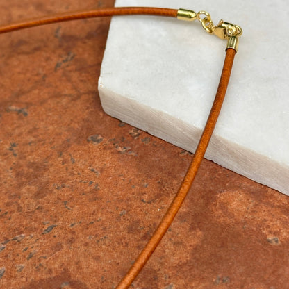 14KT Yellow Gold 2mm Natural Leather Cord Necklace 32" Knotted