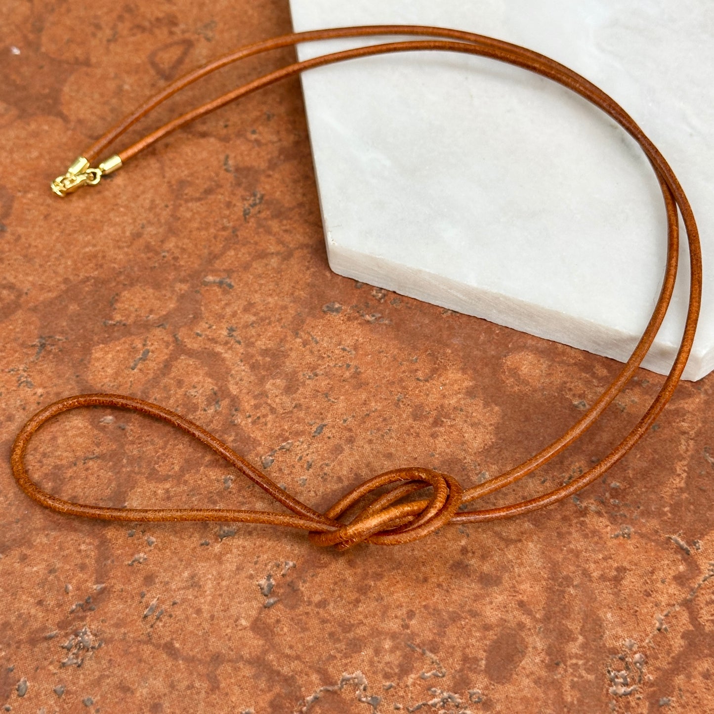14KT Yellow Gold 2mm Natural Leather Cord Necklace 32" Knotted