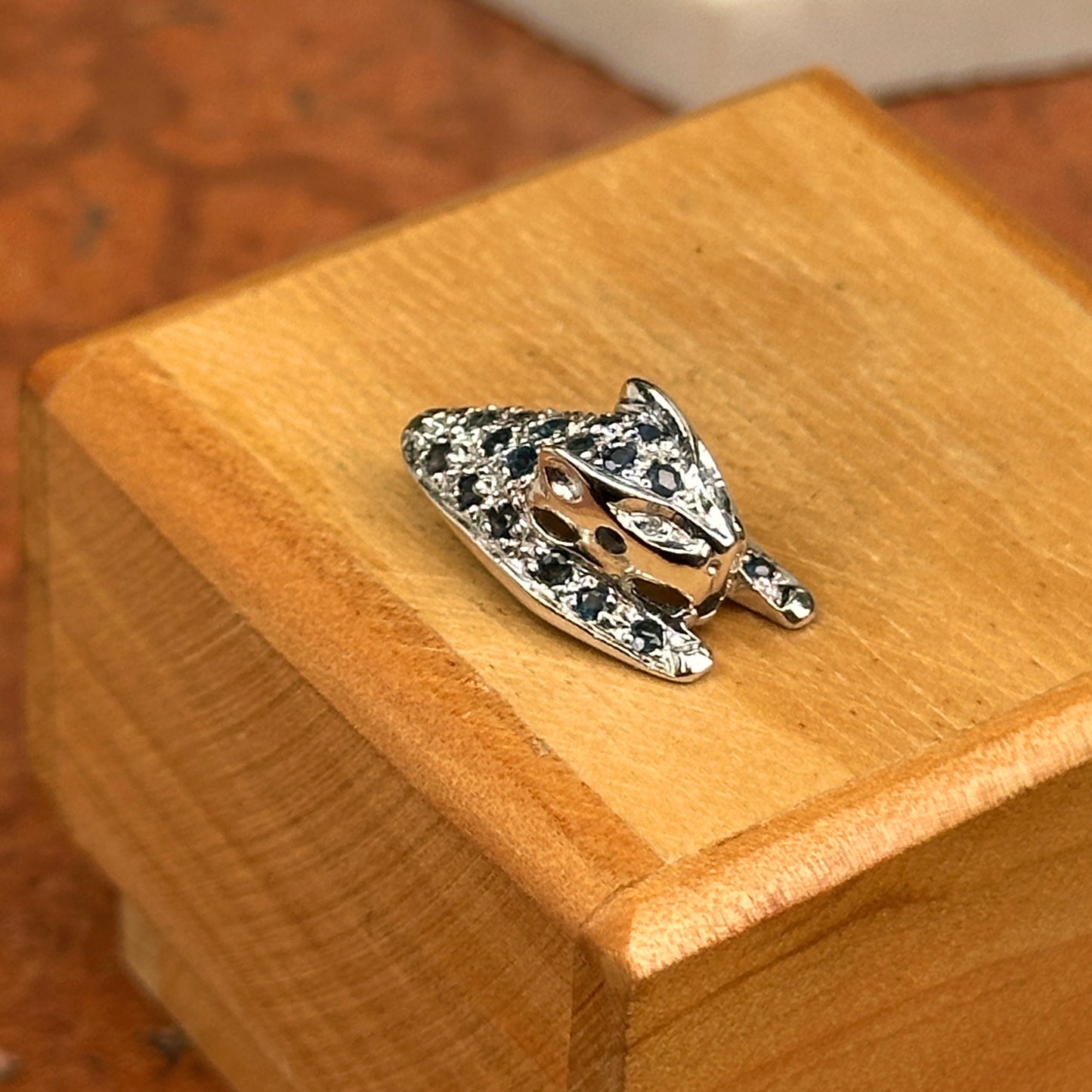 10KT White Gold Round Blue Sapphire and Diamond Panther Pendant Slide with Hidden Bail