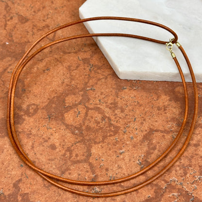 14KT Yellow Gold 2mm Natural Leather Cord Necklace 32" Knotted