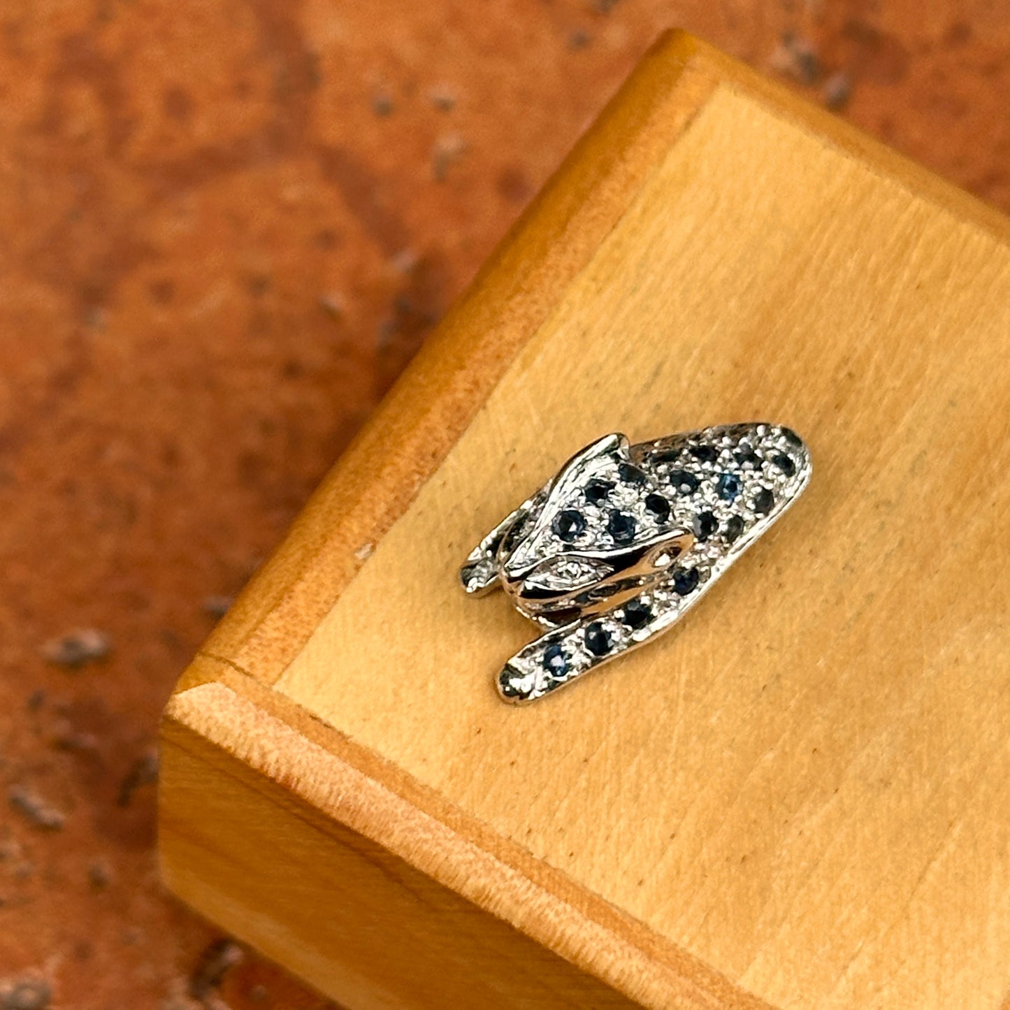 10KT White Gold Round Blue Sapphire and Diamond Panther Pendant Slide with Hidden Bail