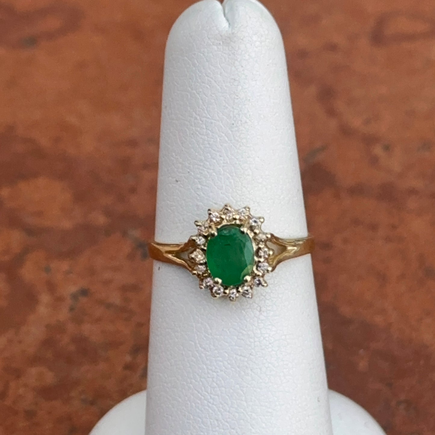 Estate 14KT Yellow Gold Oval Emerald + Diamond Double Halo Ring